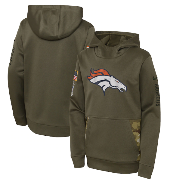 Youth Denver Broncos 2022 Olive Salute to Service Therma Performance Pullover Hoodie